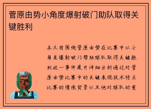 菅原由势小角度爆射破门助队取得关键胜利