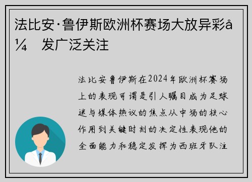 法比安·鲁伊斯欧洲杯赛场大放异彩引发广泛关注 法比安·鲁伊斯欧洲杯赛场大放异彩引发广泛关注
