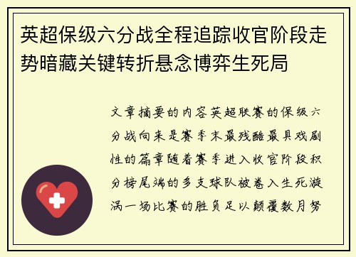 英超保级六分战全程追踪收官阶段走势暗藏关键转折悬念博弈生死局 英超保级六分战全程追踪收官阶段走势暗藏关键转折悬念博弈生死局